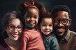 picture of happy patchwork family, two children, parents both wear glasses, family picture created with Generative AI technology