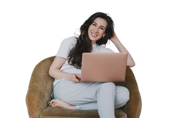 Satisfied brunette Hispanic woman in casual clothes sits in cozy chair with laptop happy after video call. Attractive female remote works, glad to be professional. Business. transparent background