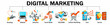 © master1305 - Set of icons for digital marketing strategy. Branding, website development, advertising, social media marketing, content management. Concept of social media marketing development. Banner