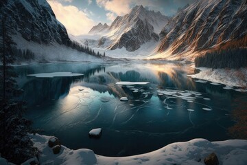 Wall Mural - a frozen mountain lake with a picturesque landscape in the background., created with generative ai