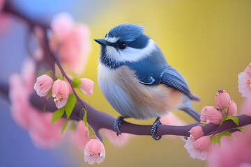 blue titmouse bird on cherry blossom branch in sunny day. the illustration may differ from the real 