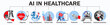 © master1305 - Set of icons for artificial intelligence in healthcare system. Analysis, diagnosis, drug development, clinical trials, checking health, treatment, telemedicine, prediction. Ai impact. Banner