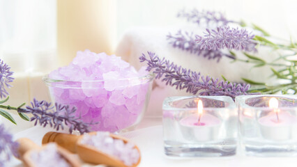 Wall Mural - Spa beauty massage health wellness background.  Spa Thai therapy treatment aromatherapy for body woman with lavender flower nature candle for relax and summer time.Â  Lifestyle Health Concept