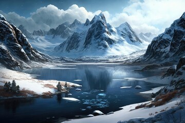 Wall Mural - a beautiful frozen fiord surrounded by snow-capped mountains, with a blue sky and fluffy white clouds in the background., created with generative ai