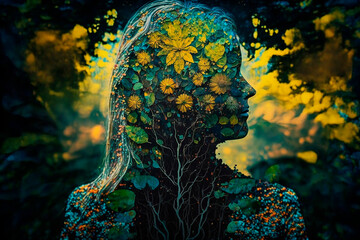 Stylish abstract image of nature in the form of a woman in spring and summer, a blurry pattern of leaves and flowers, a change of seasons in the form of a girl. Generative AI.