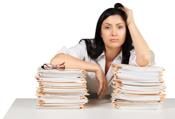 Wall Mural - Depressed young businesswoman with folders of documents on white background