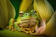 green beautiful frog in grass sitting on lily petal, created with generative ai