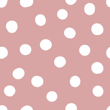 Seamless Neutral Polka Dots Pattern. White Hand-drawn Circles On Dusty Pink Background. Abstract Random Points Ornament. Vector Rose Illustration For Wallpaper, Fabric, Print, Wrapping Paper, Textile