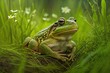 green frog sitting on green grass in forest, created with generative ai