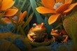 bright orange frogs in grass hiding among flowers and leaves, created with generative ai