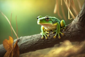 Canvas Print - bright green toy frog in grass sitting on branch of low tree, created with generative ai