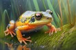 green orange frog in grass crawling on branch of wet swamp, created with generative ai