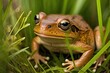 frog in grass with brownish skin sits on green foliage, created with generative ai