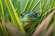 feathered green frog in grass peeking out of leaves, created with generative ai
