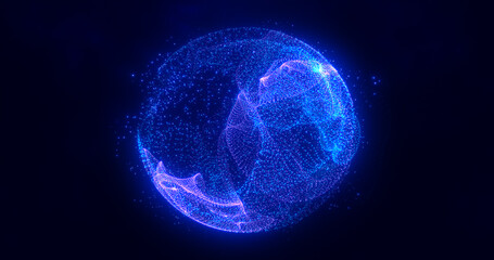 abstract round blue sphere light bright glowing from rays of energy and magic waves from particles a