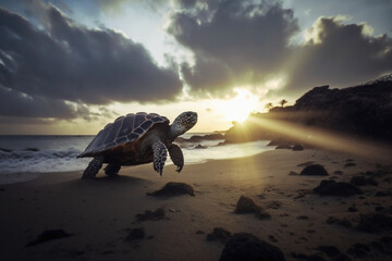 Wall Mural - the cutest anthropomorphic Tortoise in the world dressed in large ninja clothes on the ocean floor is erupting and giving birth to an island  Generative AI