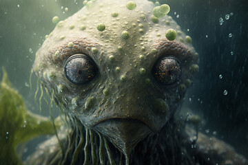 Wall Mural - jellyfish swamp thing, cinematic realism, extreme closeup portrait of a humanoid sea creature with wet slimy skin covered in seaweed and dew drops Generative AI