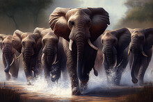 A Group Of Elephants Trumpeting And Charging Forward To Protect One Of Their Own From Danger, Generative Ai Illustration