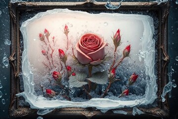 red beautiful flowers in frame of snow and ice frozen rose, created with generative ai