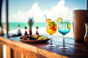 Wall Mural - Bar counter on the beach. Glasses with cocktails lie on the table. Concept of relaxing, summer vacation. Generative AI.