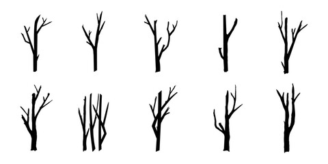 black branch tree or naked trees silhouettes set. hand drawn isolated illustrations.