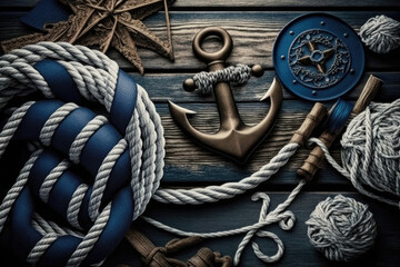 Nautical background with ropes, weathered deck, anchor. Travel and adventure concept. Created with Generative AI technology.