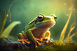 Exotic little frog. Green amphibian with big eyes. A colorful animal in the wild. Macro style illustration. Blurred background. Generative AI.