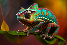 Cute Colorful Chameleon Resting On A Tree. Reptile Looking Straight At The Camera. Nature Illustration. Portrait Of An Animal In The Wild. Generative AI.