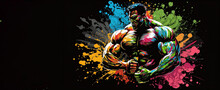 Illustration Of A Bodybuilder On A Black Background. A Colorful Splash Of Paint That Gives Dynamism. Big Muscular Man Flexes His Muscles. Advertising Banner With Lots Of Copy Space. Generative AI.