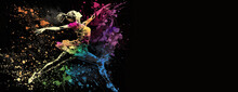 Ballerina Or Dancer Dancing On A Dark Background. Colorful Paint Splash. A Woman In A Dynamic Jump. Sports, Ballet Or Dance Classes. Advertising Banner With Lots Of Free Copy Space. Generative AI.