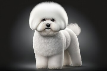 Poster - A white Bichon Frise dog is standing on a gray background. Generative AI