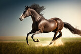 Fototapeta Konie - horse running on meadow on a sunny day, generative AI