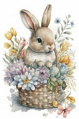 Wall Mural - Watercolor style, cute Easter bunny with basket, eggs, colorful, florals, flowers