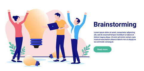 Leinwandbilder - Brainstorming - Office people having a brainstorm for work and business. Flat design banner vector illustration with white background and copy space for text