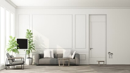 Wall Mural - build up creation room The walls are decorated in white tones with wooden materials, Arc built-in cabinets and wooden arches on parquet floors. bedroom and living room apartment. 3d render animation