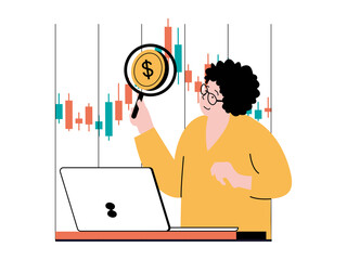 Aufkleber - Stock trading concept with character situation. Woman analyzes financial chart, explores market, works with data and makes trend forecast. Illustrations with people scene in flat design for web