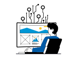 web development concept with character situation. man developer working with program languages at co