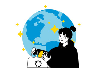 Leinwandbilder - Zero waste concept with character situation. Woman collects, sorts and separates garbage into special recycling bags for cleaning planet. Illustrations with people scene in flat design for web