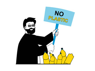 Poster - Zero waste concept with character situation. Man with banner calls for abandonment of using plastic, collects garbage and recycling. Illustrations with people scene in flat design for web