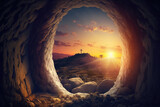 Fototapeta Natura - Empty Tomb At Sunrise - Resurrection Concept (ai generated)
