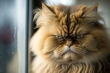 Close Up Front Portrait Of A Tan, Long Haired Cat With An Angry Face. Window And White Wall In Background Are Out Of Focus. Generative AI