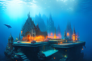 A Gothic church with courtyards and basement floors is beautifully lighted up in an underwater city giving a serene atmosphere. Building in the deep sea or ocean, fantasy landscape. Generative AI art.