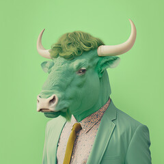 Wall Mural - Fashion bull in shirt and suit. Green monochrome portrait. Generative