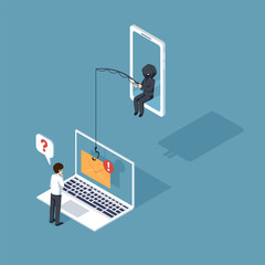 Phishing by disguised email. hacker attacks a smartphone by message. fraud scam and steal private data on devices. vector illustration isometric flat design for cyber security awareness concept.