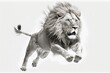 Panthera leo male adult lion jumping, shown alone on white. Generative AI
