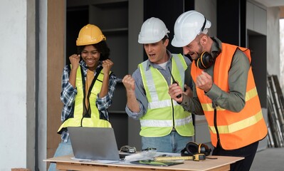 Wall Mural - team man engineers success cheerful and protective helmet construction site industrial project in working site