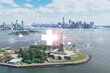Aerial panoramic helicopter city view of Lower Manhattan, Downtown, New York, New Jersey, and Statue of Liberty. Health care digital medicine hologram. The concept of treatment and disease prevention