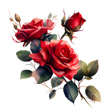Watercolor Floral Bouquet Composition With Red Roses, Png Transparent Background, Generative Ai.