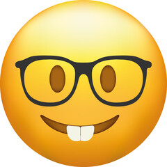 Nerd emoji. Emoticon with transparent glasses, funny yellow face with black-rimmed eyeglasses.