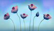 Spring tulips flowers art illustration, in minimalistic style. Pastel blue color tones 